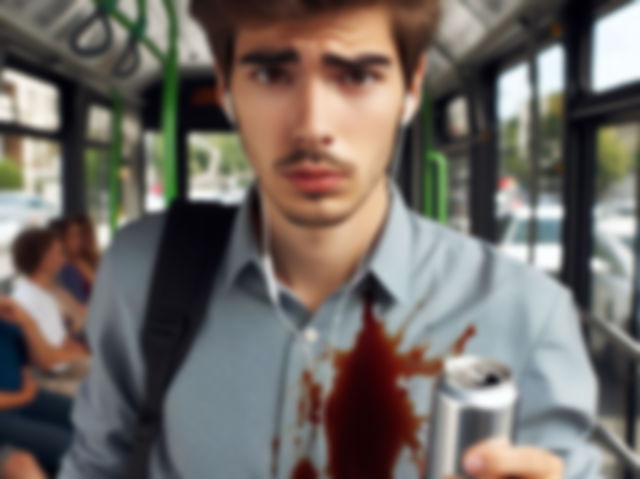 joven com refresco derramado en la camisa dentro del autobús_generada por IA