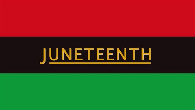 The word Juneteenth on the red, black and green striped afro-american flag