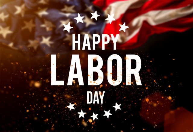 happy labor day text in white surrounded by white stars, US flag and sparks from a furnace in the background
