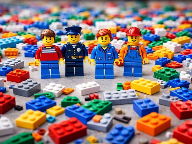 Four LEGO-style minifigures standing side by side&mdash;a casual figure, a police officer, a professional worker, and a construction worker&mdash;posed in front of a scattered background of colorful building bricks.