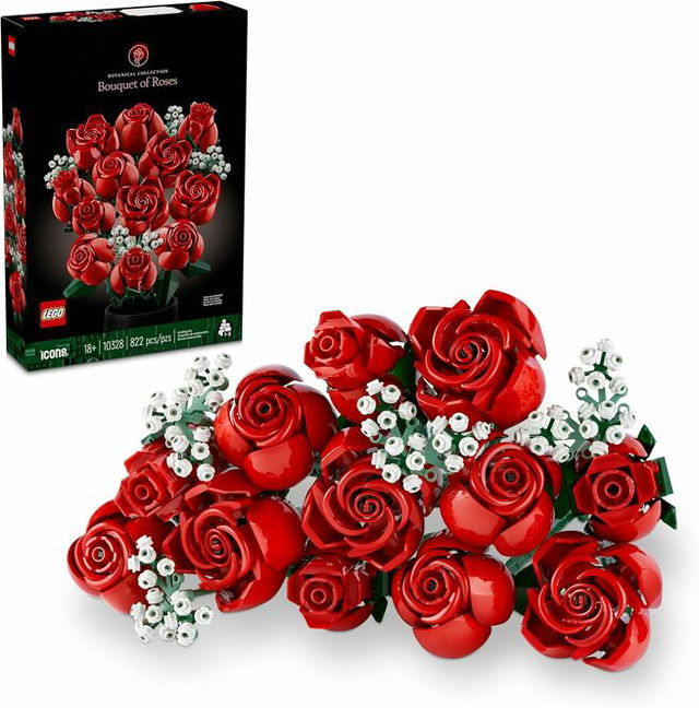 A LEGO Icons Botanical Collection Bouquet of Roses set, showing a box with the finished display and a detailed arrangement of red LEGO roses with green stems and small white flowers laid out in front.