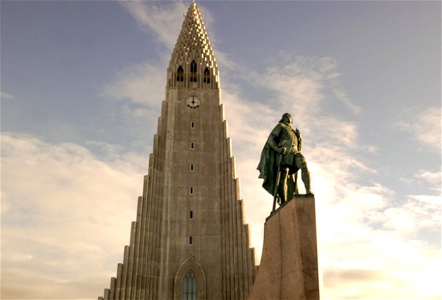 A statue of Leif Erikson outside the Hallgrímskirkja church in Reykjavík, Iceland.