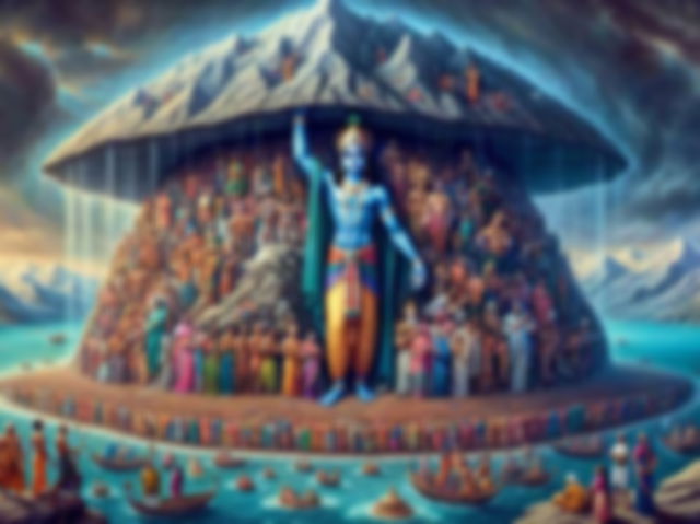 Lord Krishna holding the Govardhan parvat with his pinky finger