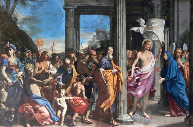 Jesus resucitado acompañado por los apóstoles visita a su madre