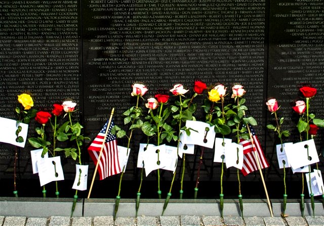 Flowers laid at the Vietnam Veterans Memorial in Washington D.C.