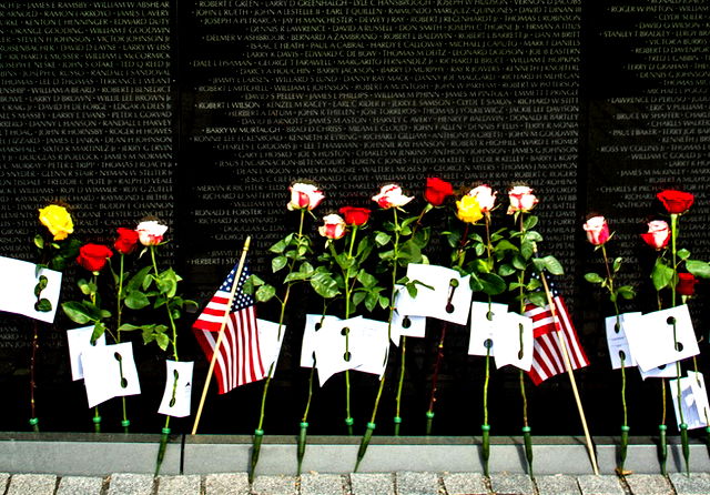 Flowers laid at the Vietnam Veterans Memorial in Washington D.C.