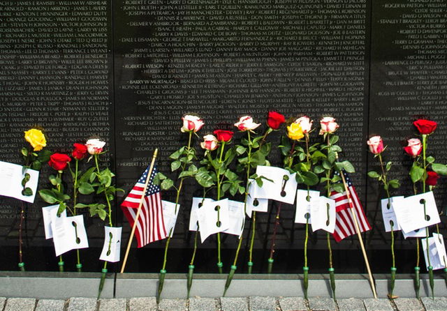 Flowers laid at the Vietnam Veterans Memorial in Washington D.C.