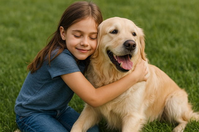 Menina abraça o seu cão