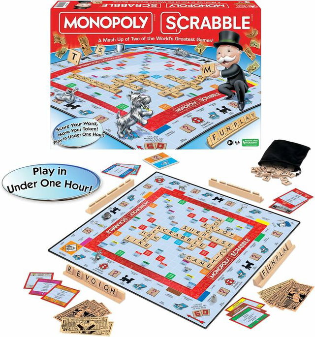 Monopoly Scrabble board game box and components showing a mash-up of Monopoly and Scrabble, with a game board that combines property spaces and word tiles. The image includes Mr. Monopoly holding letter tiles, a dog token on the board, letter racks, cards, play money, and tiles arranged to form words. Text highlights that the game can be played in under one hour and is suitable for ages 8 and up.