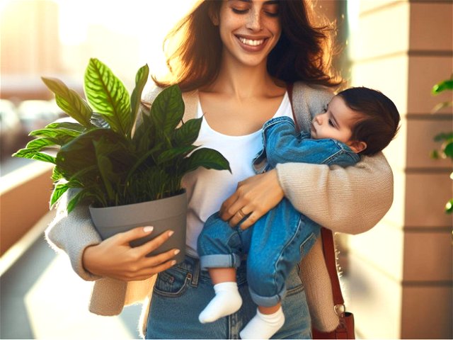 imagen creada con AI de una mujer con su hijo y su planta en brazos