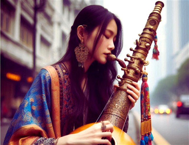 imagen creada por IA de una mujer tocando un instrumento musical exótico en la calle