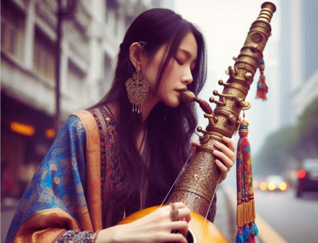 imagen creada por IA de una mujer tocando un instrumento musical exótico en la calle