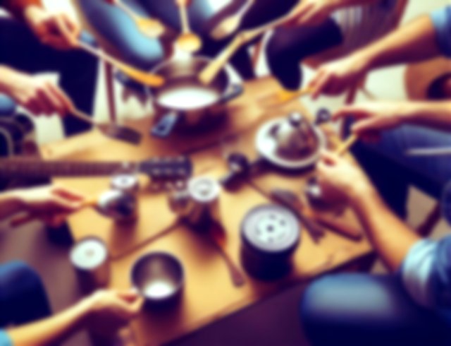 imagen creada por AI de un grupo de personas tocando música con utensilios de cocina