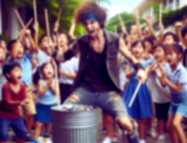 menino tocando percussão em uma lata de lixo_gerada por IA