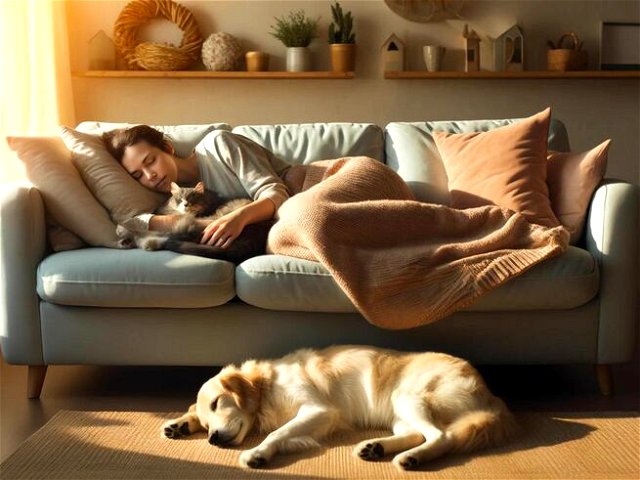 Woman napping on the sofa, along with her cat and dog