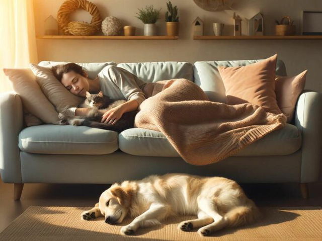 Woman napping on the sofa, along with her cat and dog