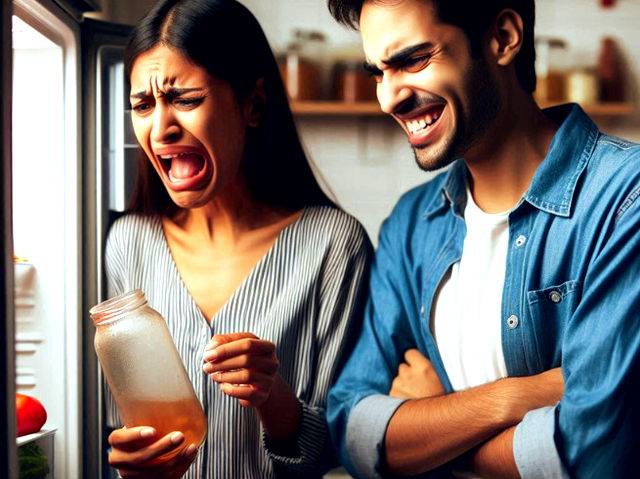 Mujer con cara de asco mirando dentro de una nevera junto a un hombre riendo