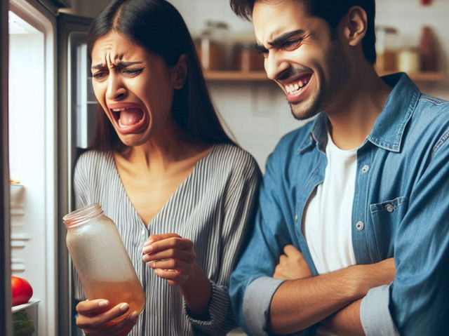 Mujer con cara de asco mirando dentro de una nevera junto a un hombre riendo