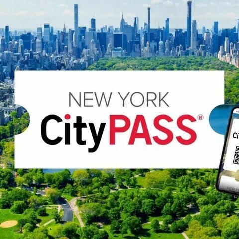 Aerial view of New York City skyline and Central Park with a New York CityPASS logo and mobile ticket displayed in the foreground.