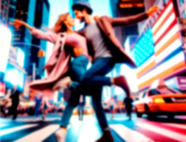 imagen creada con IA de una pareja bailando en medio del caos en la ciudad de Nueva York