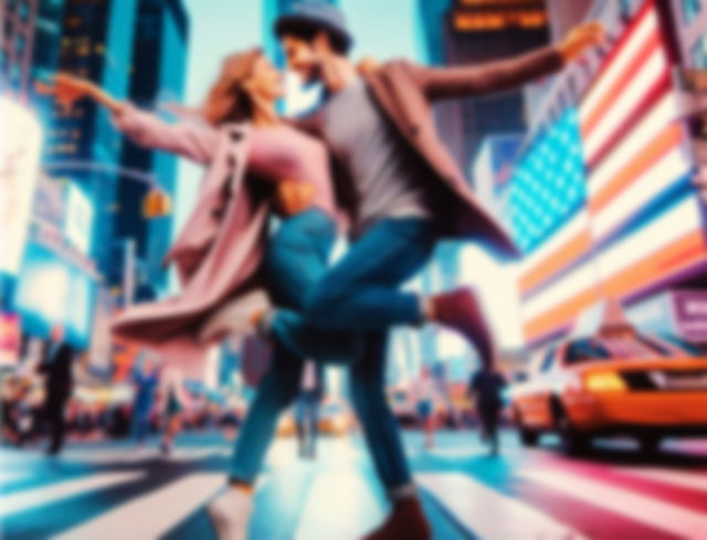 imagen creada con IA de una pareja bailando en medio del caos en la ciudad de Nueva York