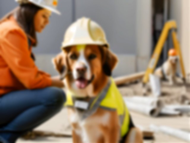 Perro con casco de obra en un ambiente laboral (imagen creada con inteligencia artificial)