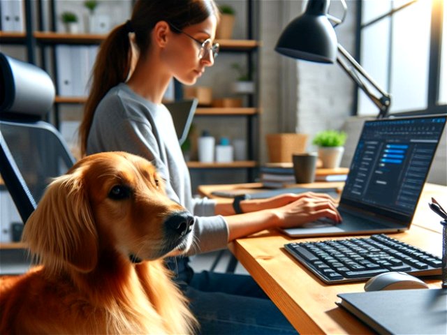 cão ao lado da sua dona em frente à mesa com computadores_gerada por IA