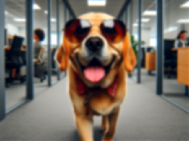 Perro caminando por el pasillo de una oficina con gafas de sol y pajarita (imagen creada con inteligencia artificial)