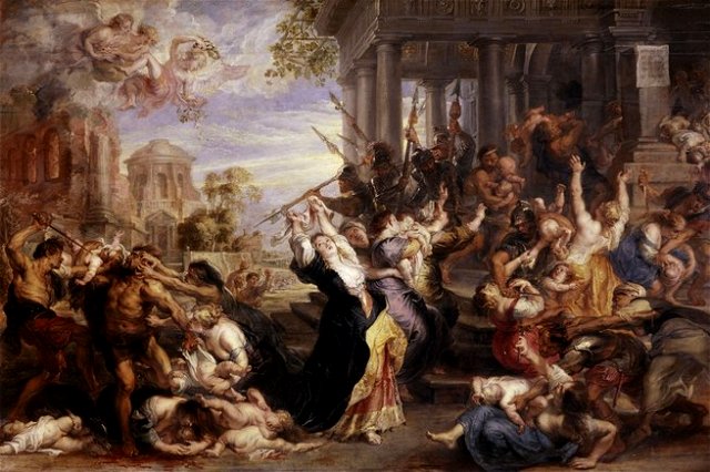 Peter Paul Rubens retrata: Masacre de los Inocentes hacia el 1638. En la pintura, Rubens escenifica lo que debió ser el evento.