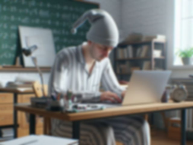 Profesor trabajando en el aula con pijama y gorro