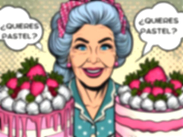Imagen creada con AI de una señora sosteniendo dos pasteles y preguntando si quieres pastel dos veces
