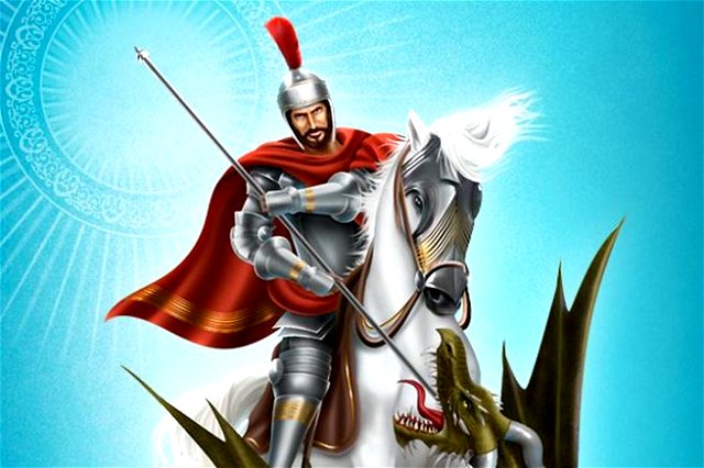 São Jorge montado no seu cavalo atacando dragão