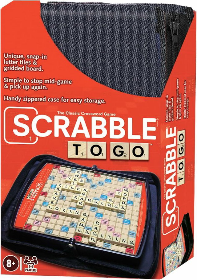Scrabble To Go board game box showing a compact travel version of Scrabble with a zippered case, snap-in letter tiles, and a gridded board. The image displays the game in play inside the case, with text highlighting features like easy storage and the ability to pause and resume the game. Suitable for ages 8 and up, for 2–4 players.
