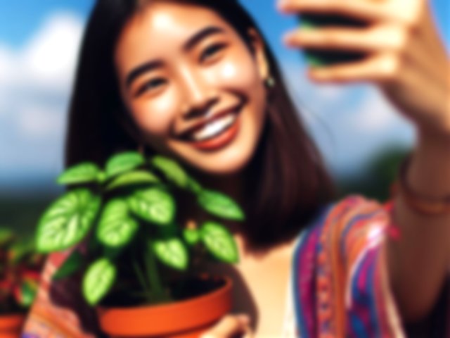 Imagen creada con AI de una chica haciéndose un selfie con su planta en el regazo