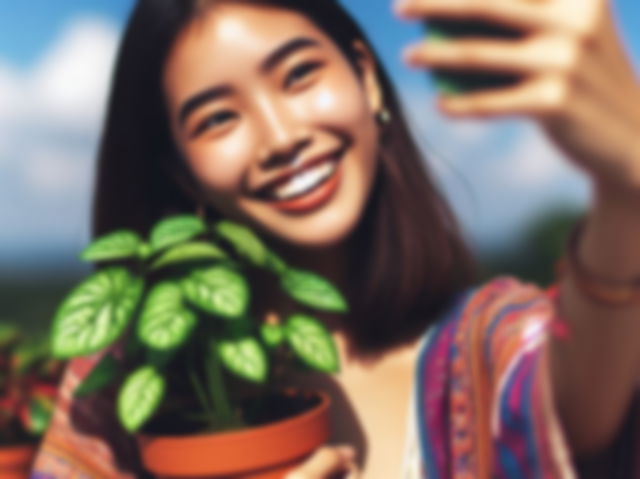 Imagen creada con AI de una chica haciéndose un selfie con su planta en el regazo