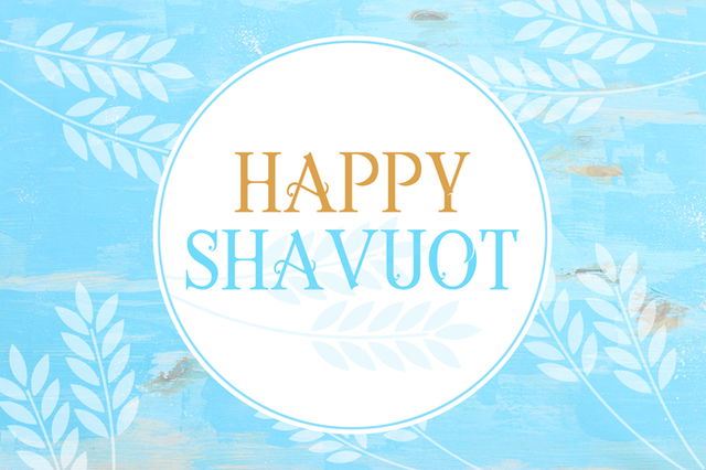 happy shavuot written in a white circle on a light blue background with images of crops patterned around