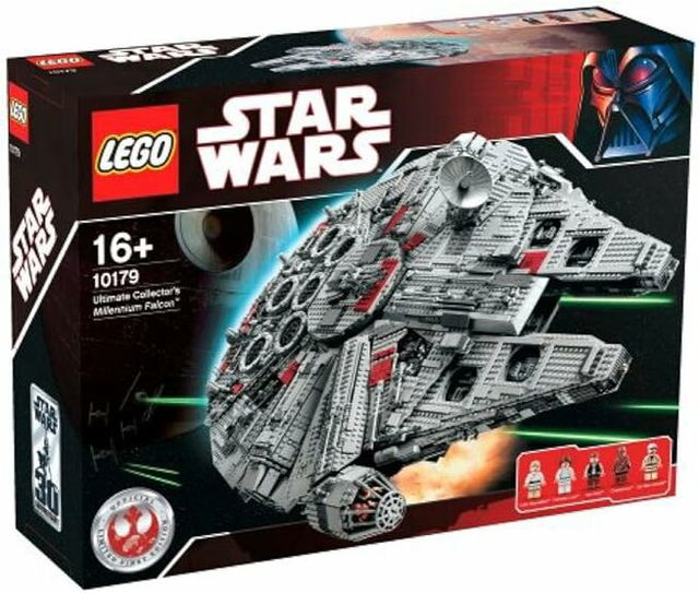 A LEGO Star Wars Ultimate Collector Series Millennium Falcon set box, featuring the detailed gray spacecraft flying through space, with the LEGO and Star Wars logos, age rating 16+, and minifigure lineup shown on the packaging.