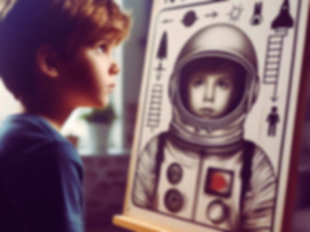 niño observa su tablero inspirador para ser astronauta_generada por IA