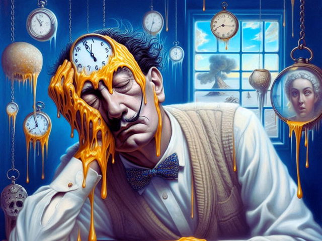 Salvador Dalí dormido soñando con relojes que se derriten_generada por IA