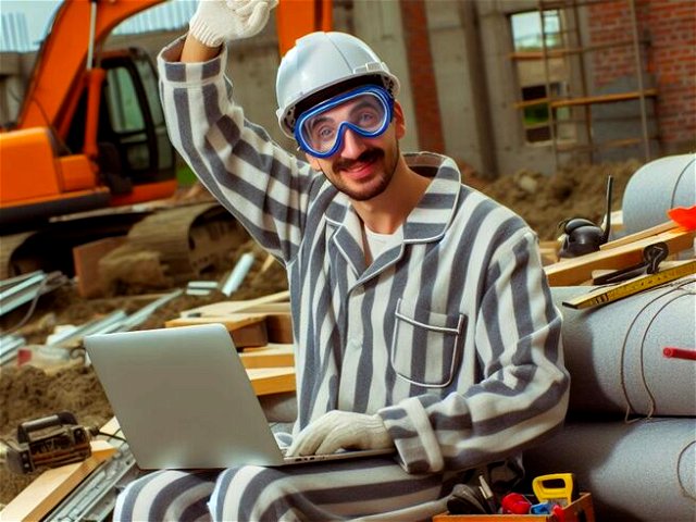Trabajador de la construcción con pijama, gafas y casco