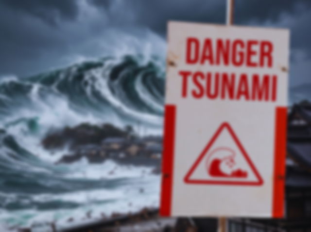 Seña de peligro por tsunami con oleaje de fondo