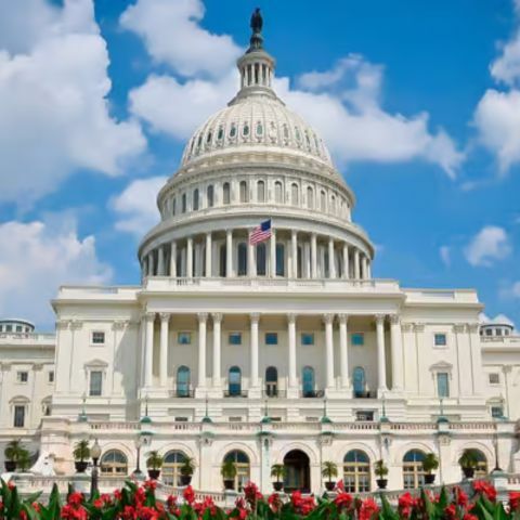 The United States Capitol building in Washington, D.C., with its white domed roof and American flag centered on the fa&ccedil;ade, photographed from the front on a sunny day with blue skies and red flowers in the foreground.